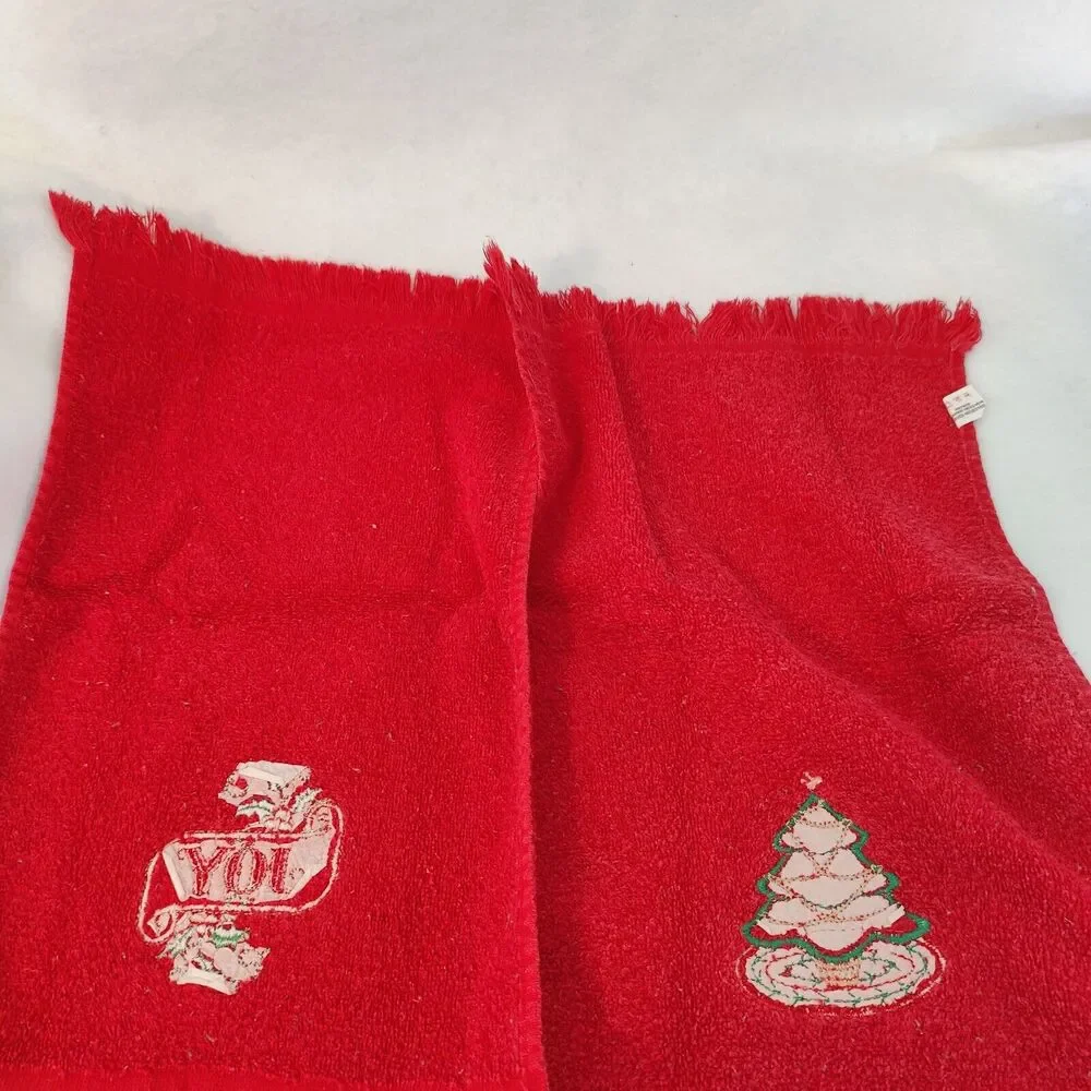 Cannon Red Christmas Tree Joy Embroider Fringe Hand Towels Set of 2 Pair Vintage